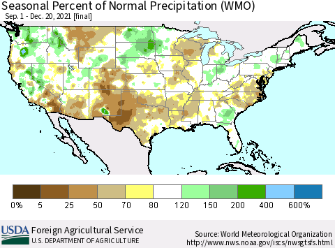 United States Seasonal Percent of Normal Precipitation (WMO) Thematic Map For 9/1/2021 - 12/20/2021