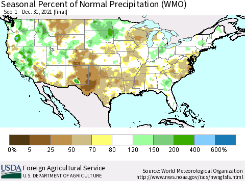 United States Seasonal Percent of Normal Precipitation (WMO) Thematic Map For 9/1/2021 - 12/31/2021