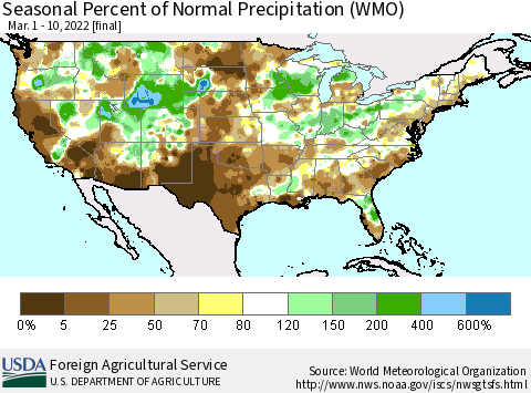 United States Seasonal Percent of Normal Precipitation (WMO) Thematic Map For 3/1/2022 - 3/10/2022