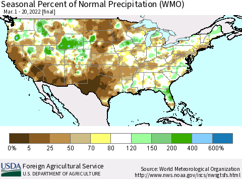 United States Seasonal Percent of Normal Precipitation (WMO) Thematic Map For 3/1/2022 - 3/20/2022