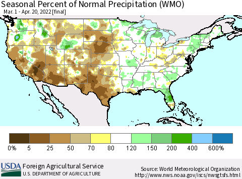 United States Seasonal Percent of Normal Precipitation (WMO) Thematic Map For 3/1/2022 - 4/20/2022