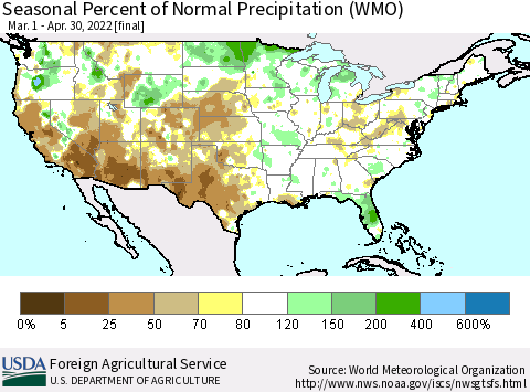 United States Seasonal Percent of Normal Precipitation (WMO) Thematic Map For 3/1/2022 - 4/30/2022