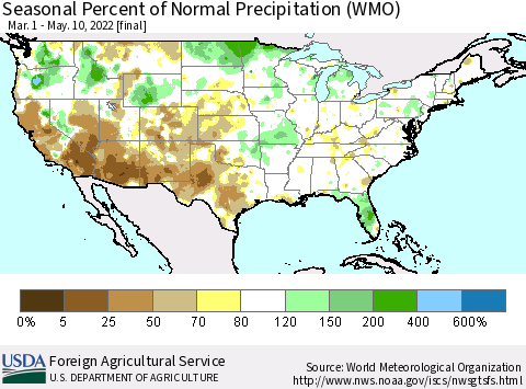 United States Seasonal Percent of Normal Precipitation (WMO) Thematic Map For 3/1/2022 - 5/10/2022