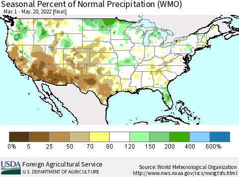 United States Seasonal Percent of Normal Precipitation (WMO) Thematic Map For 3/1/2022 - 5/20/2022