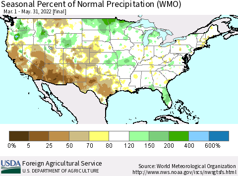 United States Seasonal Percent of Normal Precipitation (WMO) Thematic Map For 3/1/2022 - 5/31/2022