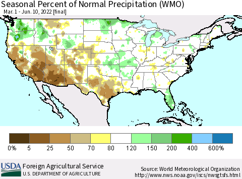 United States Seasonal Percent of Normal Precipitation (WMO) Thematic Map For 3/1/2022 - 6/10/2022