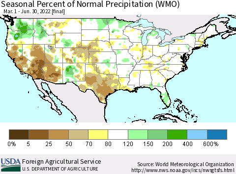 United States Seasonal Percent of Normal Precipitation (WMO) Thematic Map For 3/1/2022 - 6/30/2022