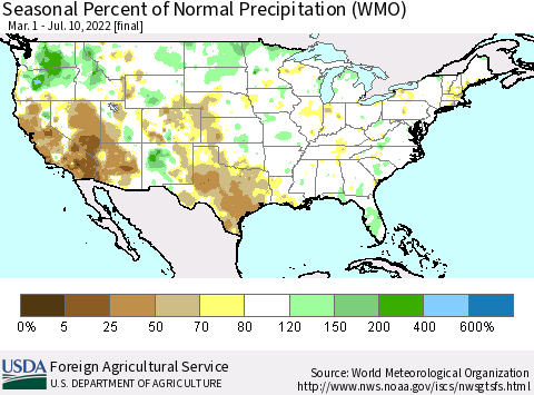 United States Seasonal Percent of Normal Precipitation (WMO) Thematic Map For 3/1/2022 - 7/10/2022
