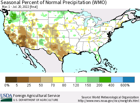 United States Seasonal Percent of Normal Precipitation (WMO) Thematic Map For 3/1/2022 - 7/20/2022