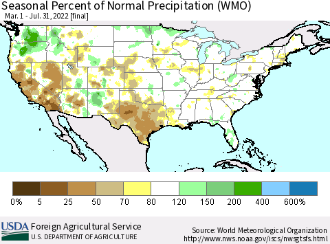United States Seasonal Percent of Normal Precipitation (WMO) Thematic Map For 3/1/2022 - 7/31/2022