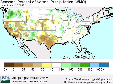 United States Seasonal Percent of Normal Precipitation (WMO) Thematic Map For 3/1/2022 - 8/10/2022