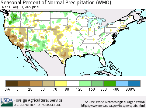United States Seasonal Percent of Normal Precipitation (WMO) Thematic Map For 3/1/2022 - 8/31/2022