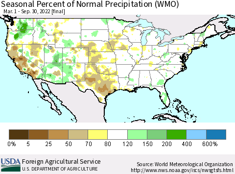 United States Seasonal Percent of Normal Precipitation (WMO) Thematic Map For 3/1/2022 - 9/30/2022