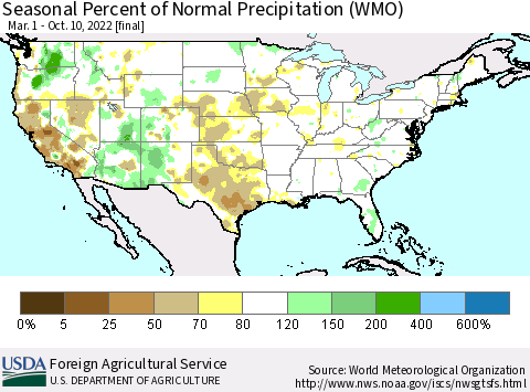 United States Seasonal Percent of Normal Precipitation (WMO) Thematic Map For 3/1/2022 - 10/10/2022