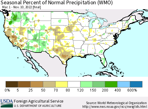 United States Seasonal Percent of Normal Precipitation (WMO) Thematic Map For 3/1/2022 - 11/10/2022