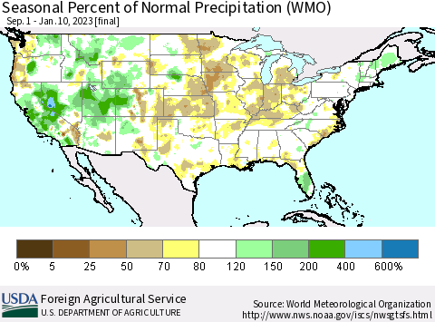 United States Seasonal Percent of Normal Precipitation (WMO) Thematic Map For 9/1/2022 - 1/10/2023