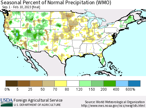 United States Seasonal Percent of Normal Precipitation (WMO) Thematic Map For 9/1/2022 - 2/10/2023