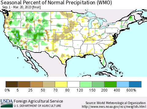 United States Seasonal Percent of Normal Precipitation (WMO) Thematic Map For 9/1/2022 - 3/20/2023