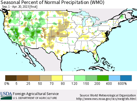 United States Seasonal Percent of Normal Precipitation (WMO) Thematic Map For 9/1/2022 - 4/20/2023