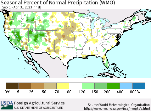 United States Seasonal Percent of Normal Precipitation (WMO) Thematic Map For 9/1/2022 - 4/30/2023