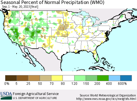United States Seasonal Percent of Normal Precipitation (WMO) Thematic Map For 9/1/2022 - 5/20/2023