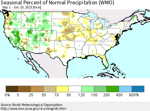 United States Seasonal Percent of Normal Precipitation (WMO) Thematic Map For 9/1/2022 - 6/10/2023