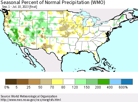 United States Seasonal Percent of Normal Precipitation (WMO) Thematic Map For 9/1/2022 - 7/10/2023
