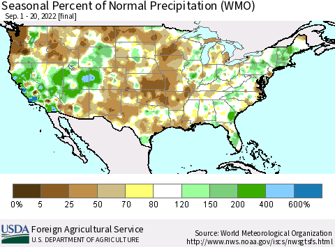 United States Seasonal Percent of Normal Precipitation (WMO) Thematic Map For 9/1/2022 - 9/20/2022