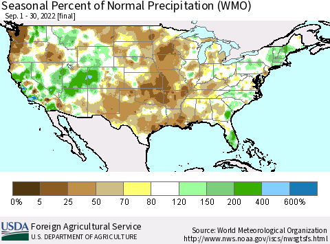 United States Seasonal Percent of Normal Precipitation (WMO) Thematic Map For 9/1/2022 - 9/30/2022