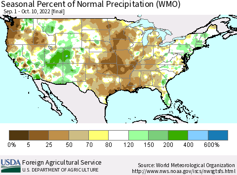 United States Seasonal Percent of Normal Precipitation (WMO) Thematic Map For 9/1/2022 - 10/10/2022