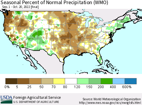 United States Seasonal Percent of Normal Precipitation (WMO) Thematic Map For 9/1/2022 - 10/20/2022