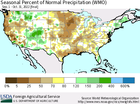 United States Seasonal Percent of Normal Precipitation (WMO) Thematic Map For 9/1/2022 - 10/31/2022