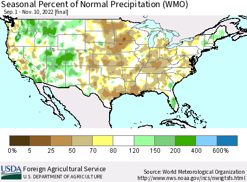 United States Seasonal Percent of Normal Precipitation (WMO) Thematic Map For 9/1/2022 - 11/10/2022
