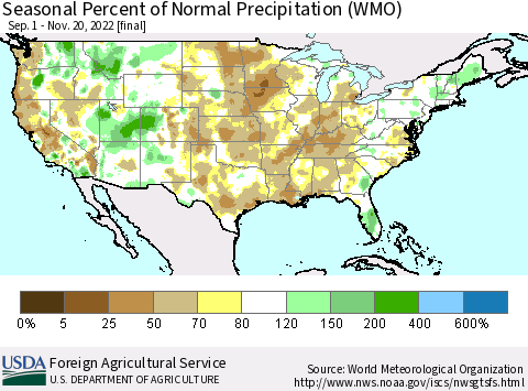 United States Seasonal Percent of Normal Precipitation (WMO) Thematic Map For 9/1/2022 - 11/20/2022