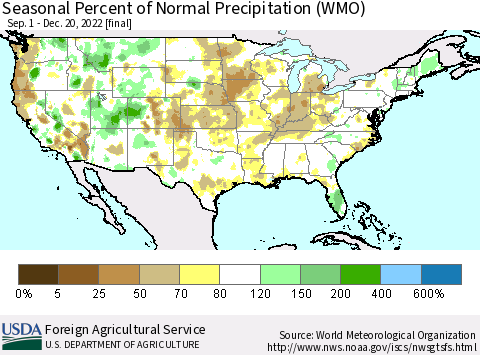 United States Seasonal Percent of Normal Precipitation (WMO) Thematic Map For 9/1/2022 - 12/20/2022