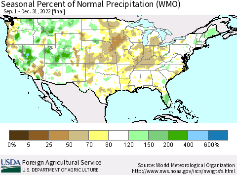 United States Seasonal Percent of Normal Precipitation (WMO) Thematic Map For 9/1/2022 - 12/31/2022