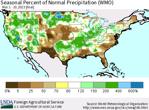 United States Seasonal Percent of Normal Precipitation (WMO) Thematic Map For 3/1/2023 - 3/10/2023