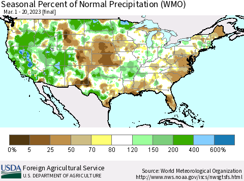 United States Seasonal Percent of Normal Precipitation (WMO) Thematic Map For 3/1/2023 - 3/20/2023