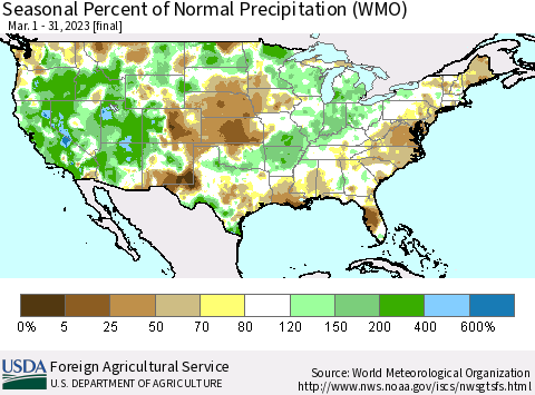 United States Seasonal Percent of Normal Precipitation (WMO) Thematic Map For 3/1/2023 - 3/31/2023