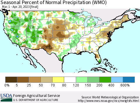United States Seasonal Percent of Normal Precipitation (WMO) Thematic Map For 3/1/2023 - 4/20/2023