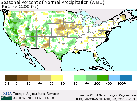 United States Seasonal Percent of Normal Precipitation (WMO) Thematic Map For 3/1/2023 - 5/20/2023