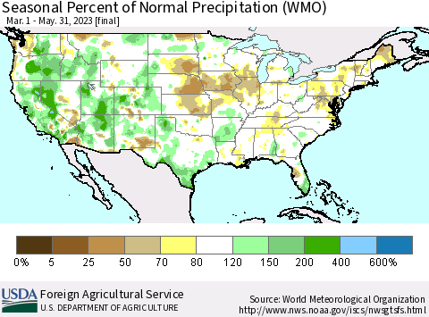 United States Seasonal Percent of Normal Precipitation (WMO) Thematic Map For 3/1/2023 - 5/31/2023