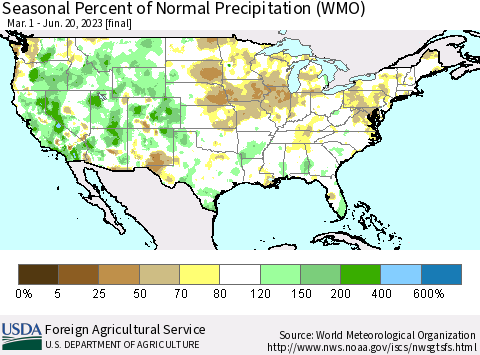 United States Seasonal Percent of Normal Precipitation (WMO) Thematic Map For 3/1/2023 - 6/20/2023