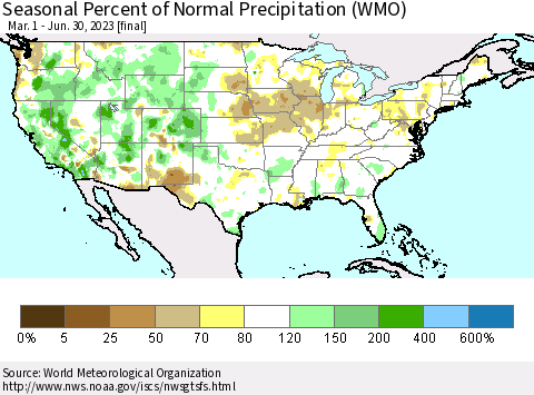United States Seasonal Percent of Normal Precipitation (WMO) Thematic Map For 3/1/2023 - 6/30/2023