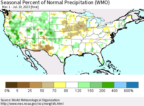 United States Seasonal Percent of Normal Precipitation (WMO) Thematic Map For 3/1/2023 - 7/10/2023