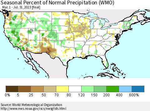 United States Seasonal Percent of Normal Precipitation (WMO) Thematic Map For 3/1/2023 - 7/31/2023