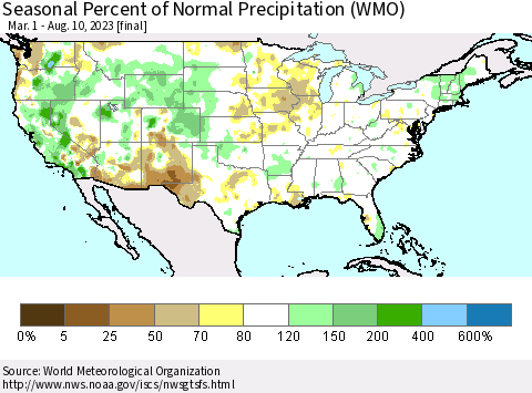 United States Seasonal Percent of Normal Precipitation (WMO) Thematic Map For 3/1/2023 - 8/10/2023