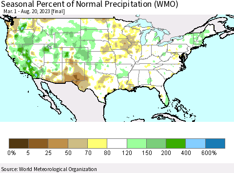 United States Seasonal Percent of Normal Precipitation (WMO) Thematic Map For 3/1/2023 - 8/20/2023