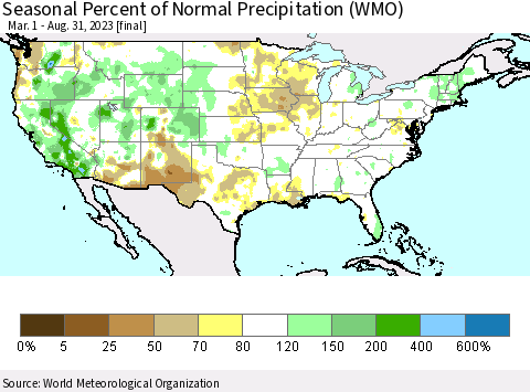 United States Seasonal Percent of Normal Precipitation (WMO) Thematic Map For 3/1/2023 - 8/31/2023