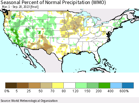 United States Seasonal Percent of Normal Precipitation (WMO) Thematic Map For 3/1/2023 - 9/20/2023